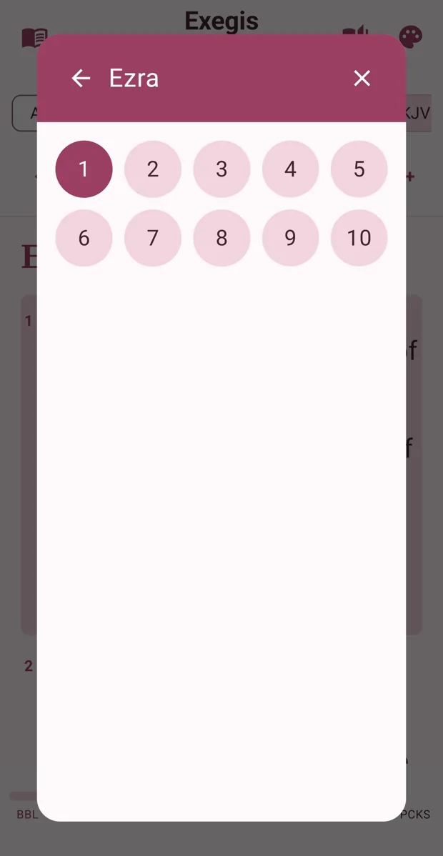 Exegis Android Ezra chapter selector in a light rose theme