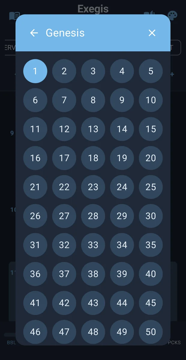 Exegis Android Genesis chapter selector in night theme