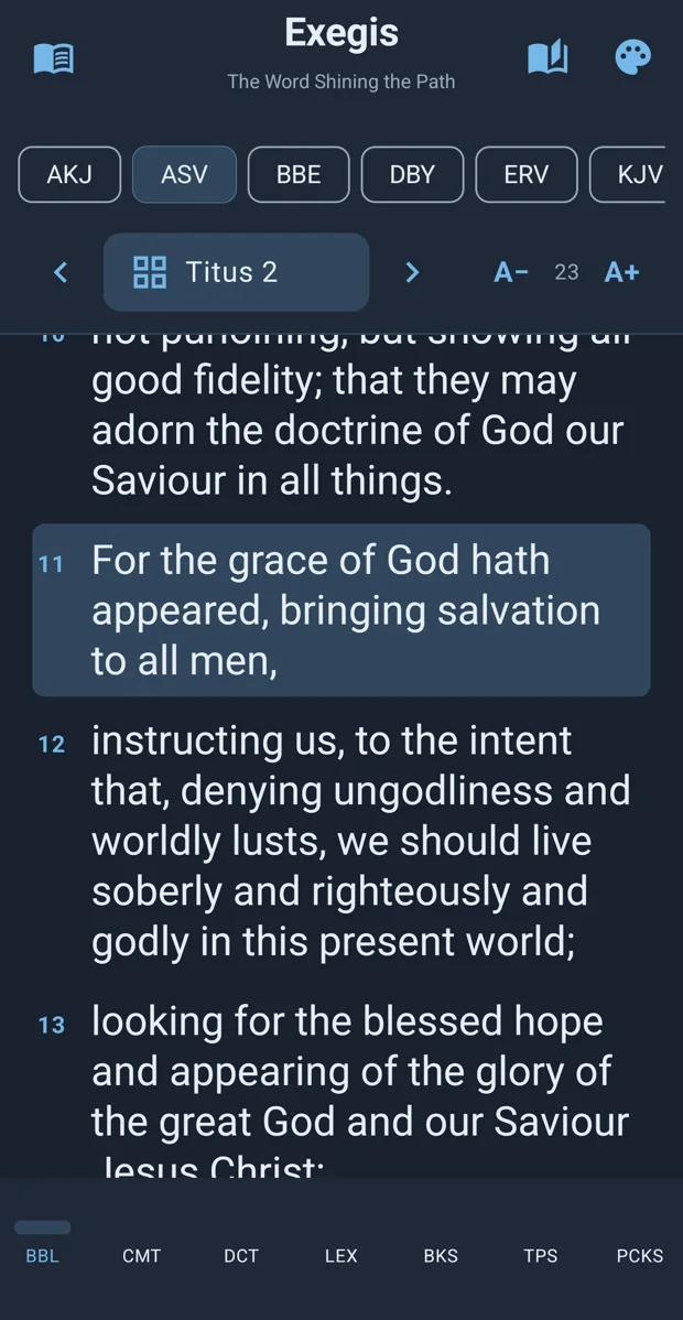 Exegis Android night theme showing highlighted Titus chapter 2 verse 11