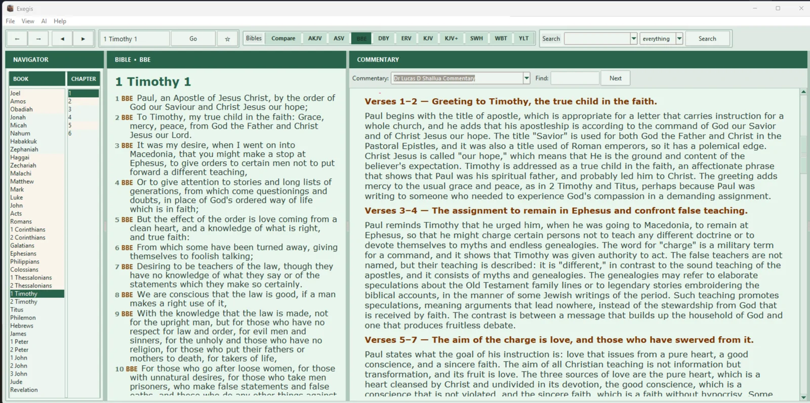 Exegis Windows green theme showing 1 Timothy chapter 1 and commentary