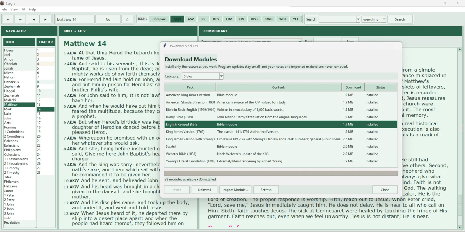 Exegis Windows Download Modules window listing individually installed Bible resources