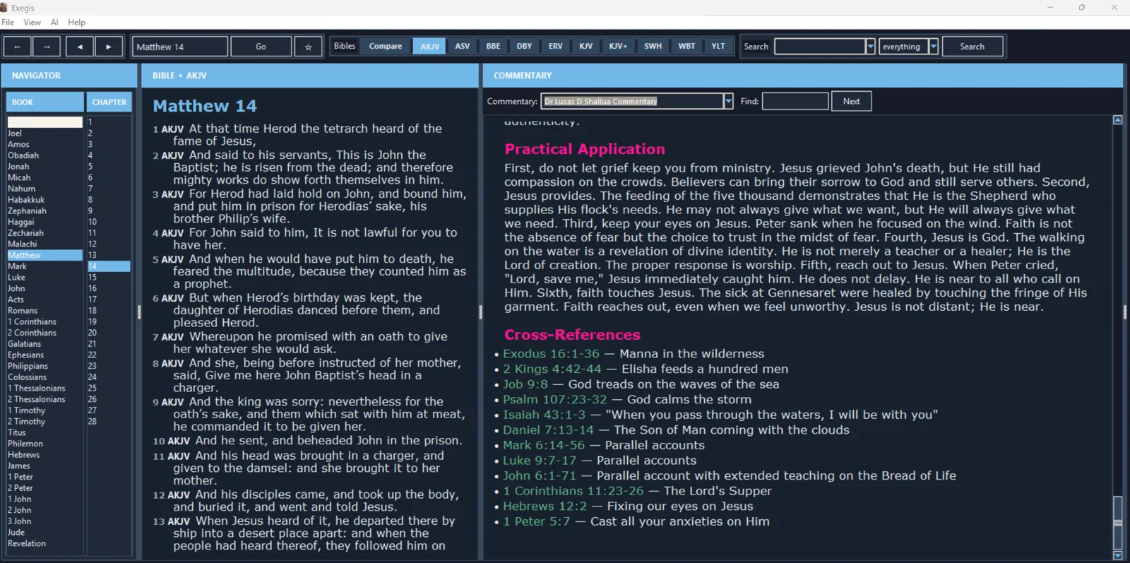 Exegis Windows dark theme showing Matthew 14 and linked cross references