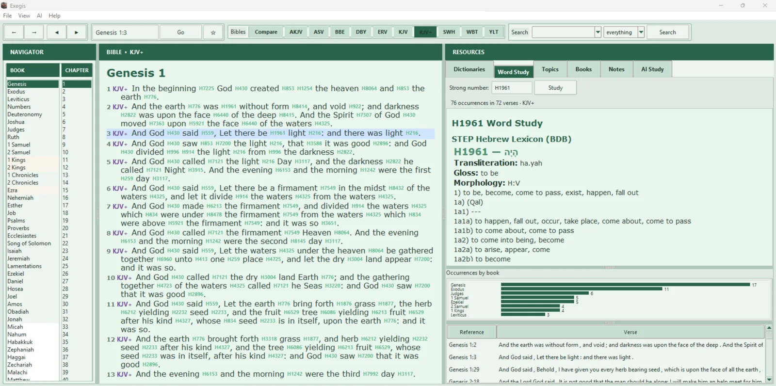 Exegis Windows KJV Plus Word Study showing linked Strong's number H1961, occurrence chart and highlighted verse